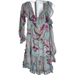 Lillys Kloset Mini Dress Womens Small Green Floral Ruffle One Shoulder Feminine